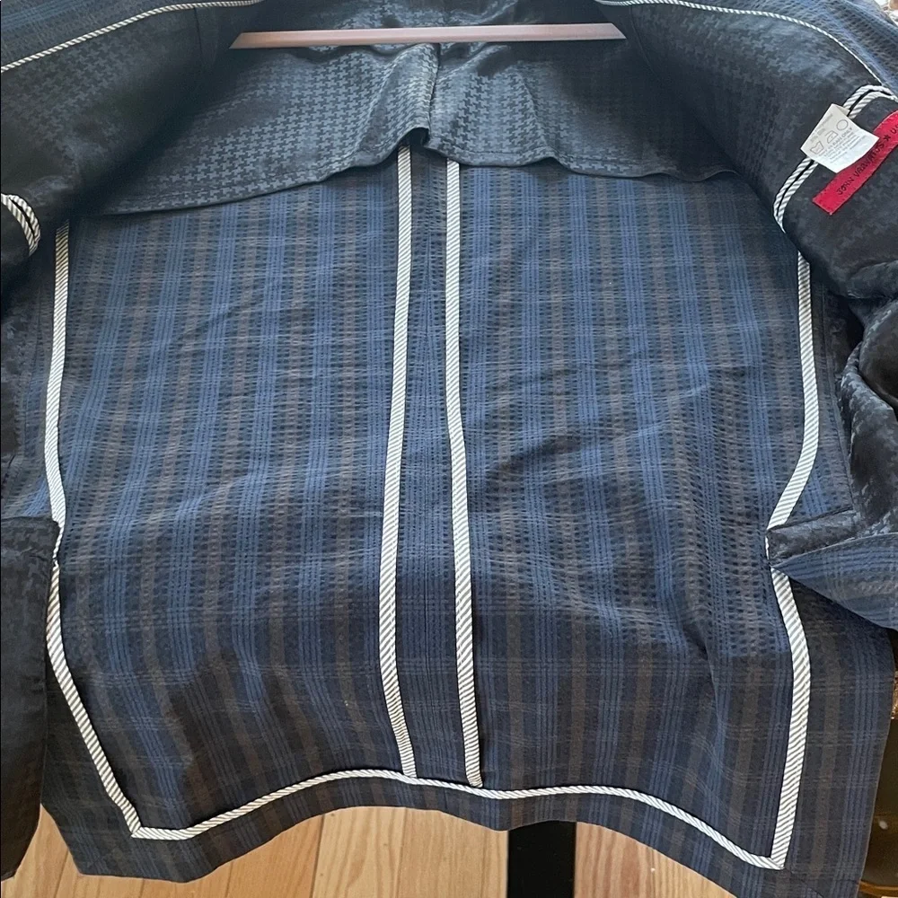 John Varvatos Dark Navy Plaid Sport Double Button 3 Pocket Back Flaps Jacket